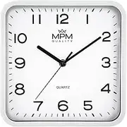 MPM Classic Square Design Plastic Wall Clock, Square, Arabic Numerals, White, Quartz Movement, No Ticking Noise, Modern, Analogue Wall Clock, Wall Decoration, Living Room, Kitchen, Office, Bedroom