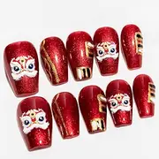 [Sun&Beam Nails] Handmade Press On Nail Long Coffin Ballerina Red Lion Acrylic Fake Tip 3D Design Art Charms Cute with Storage Box 10 Pcs (#016 M)