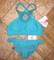 NWT $120 Jessica Simpson Martinique Crochet Green Bikini Swimsuit Set Women's M