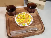 GOODWOOD Wooden Serving Tray Retro Daisy Ceramic Trivet Ramekins Knife NOS Box