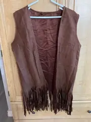 Brown Fringe Sleeveless Vest Large Deluxe Wig Cap and wig Set Tie-Dye headwear