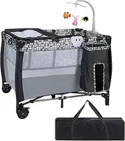 3 in 1 Baby Playard, Convertible Playpen Baby Bassinet w/ Changing Table, Foldable Travel Cot with Music Box, 3 Hanging Toys, Lockable Wheels, Oxford Carry Bag, Travel Cot Portacot, Bedside Sleeper for Infants Toddlers, Grey