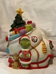 Dr Suess GRINCH Who Stole Christmas Cookie Jar Canister w/ Max Tree Sleigh New!