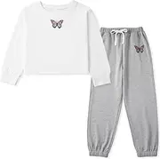 [Naiyafly] Kids Girl Tracksuit Set Girls Butterfly Pattern Long Sleeve Pullover Sweatshirt Crop Tops + Pants Suit Teen Girls Spring Fall Outfits Set Sports Hip Hop Clothes