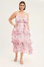 Pink Floral Midi Dress Shoestring Frill Chiffon Print