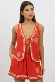 Red Linen Vest Sleeveless Embo - Size 6XXS, Women's Jacket