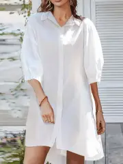 ZANZEA Women Daily Casual 3/4 Length Sleeve Solid Color Shirt Dresses