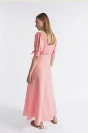 Seed Heritage Dress Size 8 Linen Shirred Tie Front Midi Dress