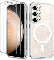 [KIOMY] Glitter Clear Case for Samsung Galaxy S23 FE 5G with Diamond Sparkle Camera Lens Protector + 2 Packs Tempered Glass Screen Protector, Strong Magnet Compatible with MagSafe (for Samsung S23 FE)