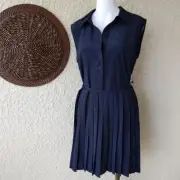 Modcloth 1/2 button collared pleated dress tied waist black womens sz m