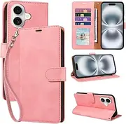 for iPhone 16 Wallet Case, RFID Blocking 4 Card Slots Holder, Soft Leather Protective, Kickstand, Wrist Strap, Shockproof Folio Flip Cases for iPhone 16 Cover (Pink)