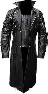 [Qolkmuiy-GJ] Mens Classic Gothic Steampunk Coats Punk Faux Leather Length Overcoat Stylish Goth Matrix Trench Coats