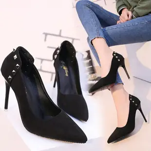 韓版黑色高跟鞋細跟性感顯瘦尖頭絨面單鞋女優雅職業百搭OL淺口鞋