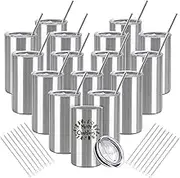 YOUKE OLA 16 Pack Tumblers Blanks Bulk Skinny Straight Tumbler Stainless Steel Double Wall Insulated Water Bottles with Lid & Straw for DIY Gift, 12oz Silver