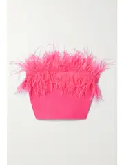 [STAUD] STAUD - Nellie Strapless Cropped Feather-trimmed Knitted Top - Pink - x small x small Pink