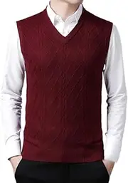 [OFFSUM] Men'S Knitted Vest - Autumn Winter Knitted Vest Business Loose Geometry V-Neck Sleeveless Solid Color Large Size Waistcoat Jacket Top