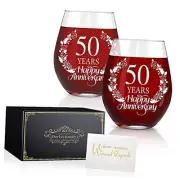 50 Years Happy Anniversary Wine Glass Set of 2, 50th Anniversary 3 Piece Set