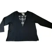 BOB MACKIE Wearable Art Cotton Pullover Sweater Size 2X Black Silver Argyle