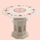 25" Handmade Octagonal White Marble Coffee Table | Carnelian & Paua Shell Inlay