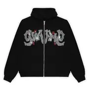 Rhinestone Zip-Up Hoodie 02 - Black & Red - XL