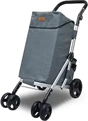 Shopping Trolley Foldable Grocery Cart with Insulated Cooler Bag,Lightweight Frame, Adjustable Wide Cushion Handle,Independent Brake System (Grey)