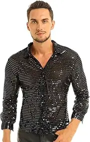 Miaeowve Men Shiny Sequined Mesh Tee Shirts 70s Disco Dance Top Long Sleeve Slim Fit Shirt Party Club Costume
