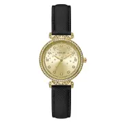 Guess Bejewelled Enchantment Bejewelled Gold-Tone Black Leather Women's Watch GW0764L2