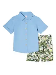 Wonder Nation Baby Boys Button Up Shirt & Shorts Outfit, 18M, Blue Hawaiian