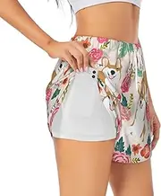 [JBYJBX] Corgi Floral Flowers Spring Garden Print Shorts Athletic Running Women's Workout Pockets Gym Quick-Dry Sport Hiking Elastic