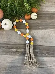 Handmade Wood Bead Garland with Tassels Natural, Orange, White & Yellow Fall