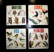 Set of 4 Wooden Risque Bird Drink Coasters~ Tits Cocks Hooters Peckers 3.5"