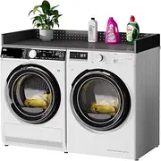CRPDY Washer Dryer Countertop, Heavy Duty Metal Laundry Countertop with Edge Rails, 57.1" W x 27.6" D Washer Dryer Topper with Hooks for Laundry Room Organization (Black)