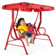 Babyjoy 2-Seater Garden Hanging Swing Bench Porch Swing Chair w/Adjustable Tilt Canopy & Metal Stand Beetle Pattern