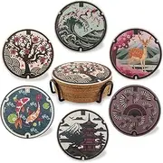 Japanese Coasters Japan Manhole Design Coasters for Drinks Cherry Blossom Koi Pagoda Deer Cork Coasters for Coffee Table Housewarming Birthday Gifts Set of 6
