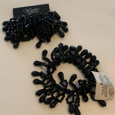 Vintage Black Bead Dangle Clip On Cluster Earrings Matching Bracelet Set NWT