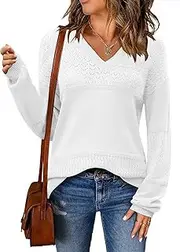 [Zeagoo] Womens 2024 Sweaters Casual Long Sleeve V Neck Lightweight Crochet Pullover Sweater Tops