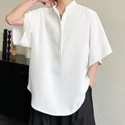Elbow-Sleeve Stand Collar Plain Shirt White - M