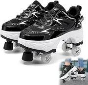 [AMMFIT] Roller Skate Shoes with Brake, Walk Deformation Shoes with Double-Row Wheels for Kids and Adults Technical Skateboarding Shoe with Deformed Wheels,Black-8.5