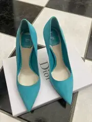 NIB 100% AUTH Christian Dior Cherie Turquoise Suede Pointy Pumps 10CM $650 Sz 38