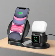 Danoz Direct - 3 in 1 Wireless Charger Qi Fast Charger Stand for iPhone/Samsung/Airpods/Apple Watch-Black - Pulse Charging