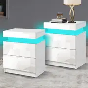 Alfordson 2x Bedside Table LED Nightstand 2 Drawers High Gloss White