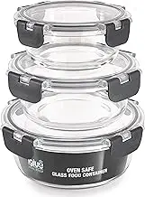 Igluu Meal Prep - Set of 3 Stackable Glass Round Containers - Lunch Box for Food Storage, Freezer, Microwave & Oven - Dishwasher-Safe, BPA-Free - Airtight SnapLock Lids (Different Sizes)