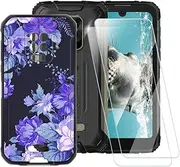 ESACMOT Purple Flowers Pattern Case Compatible with Doogee S59 Pro + [2 Pack] Screen Protector Tempered Glass, Shockproof Case Cover for Doogee S59 (5.7 inch)