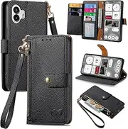 Compatible with Nothing Phone 1 Cover,Flip Stand Compatible with Nothing Phone One (A063) Zipper Card Slot Magnetic Wallet Case Black