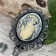 Cameo Retractable Reel ID Card Badge Holder Key Chain Victorian Hat Lady Lace