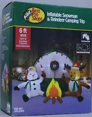Christmas Bass Pro Shops 6 ft Snowman and Reindeer Camping Trip Inflatable NIB