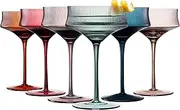 Colored Slanted Ribbed Coupe Glasses - Martini, Cocktail & Champagne Ripple Glasses 7 oz | Set of 6 | Unique Pastel Muted Crystal Cocktail Glassware, Goblet Cocktails, Stemmed Rib Glassware Gift
