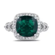 Cushion Created Emerald Halo Ring with 0.35ct of Diamonds in 9kt White Gold