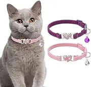 BINGPET Cat Collar Breakaway with Bell 2 Pack, Heart Bling Collar Safety with Soft Velvet Adjustable for Kittens, Purple, Pink