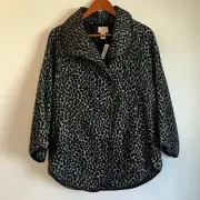 Chico’s Animal Plush Blanket Jacket Size 1/M Black Gray Leopard Print Mob Wife